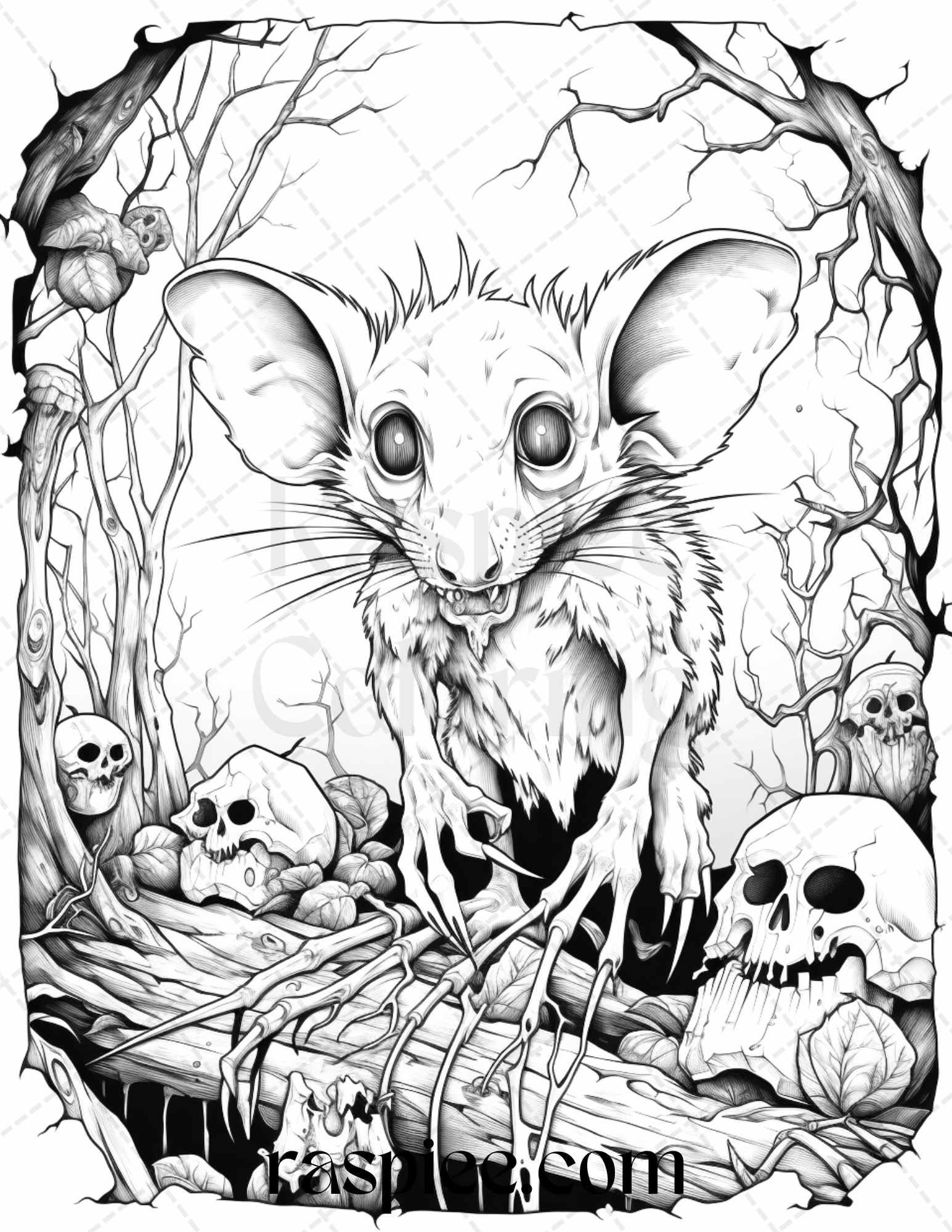 66 Horror Zombie Animals Grayscale Coloring Pages Printable for Adults, PDF File Instant Download
