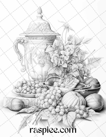 52 Still Life Grayscale Coloring Pages Printable for Adults, PDF File Instant Download