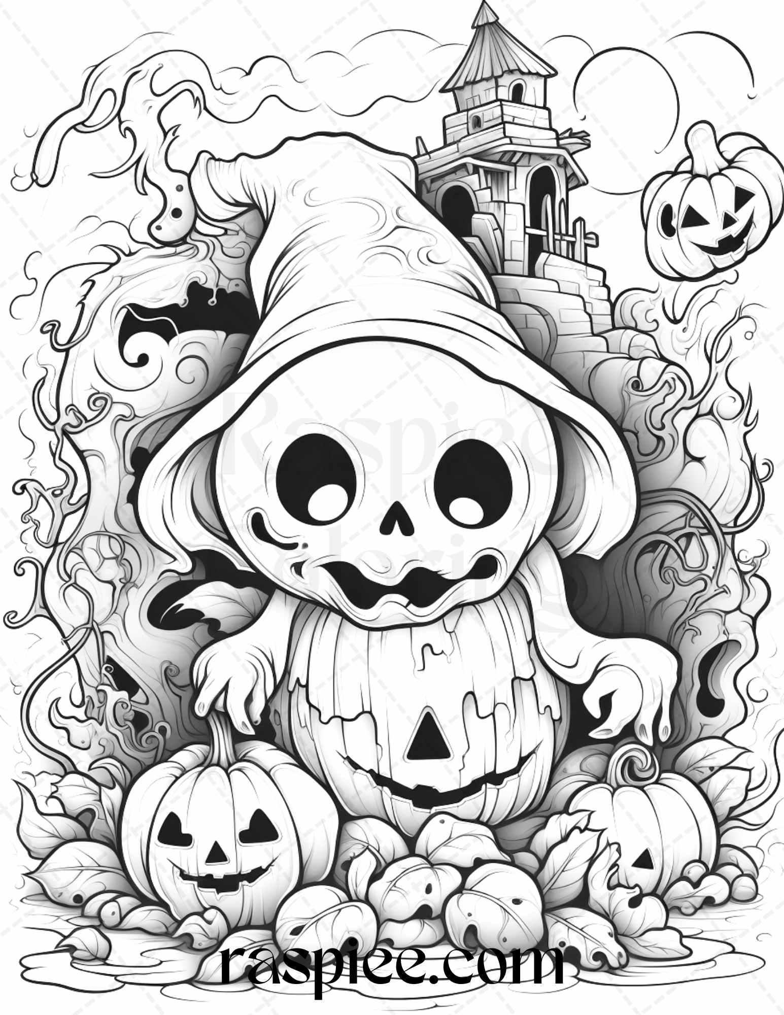 50 Halloween Cute Ghosts Grayscale Coloring Printable for Adults Kids, PDF File Instant Download
