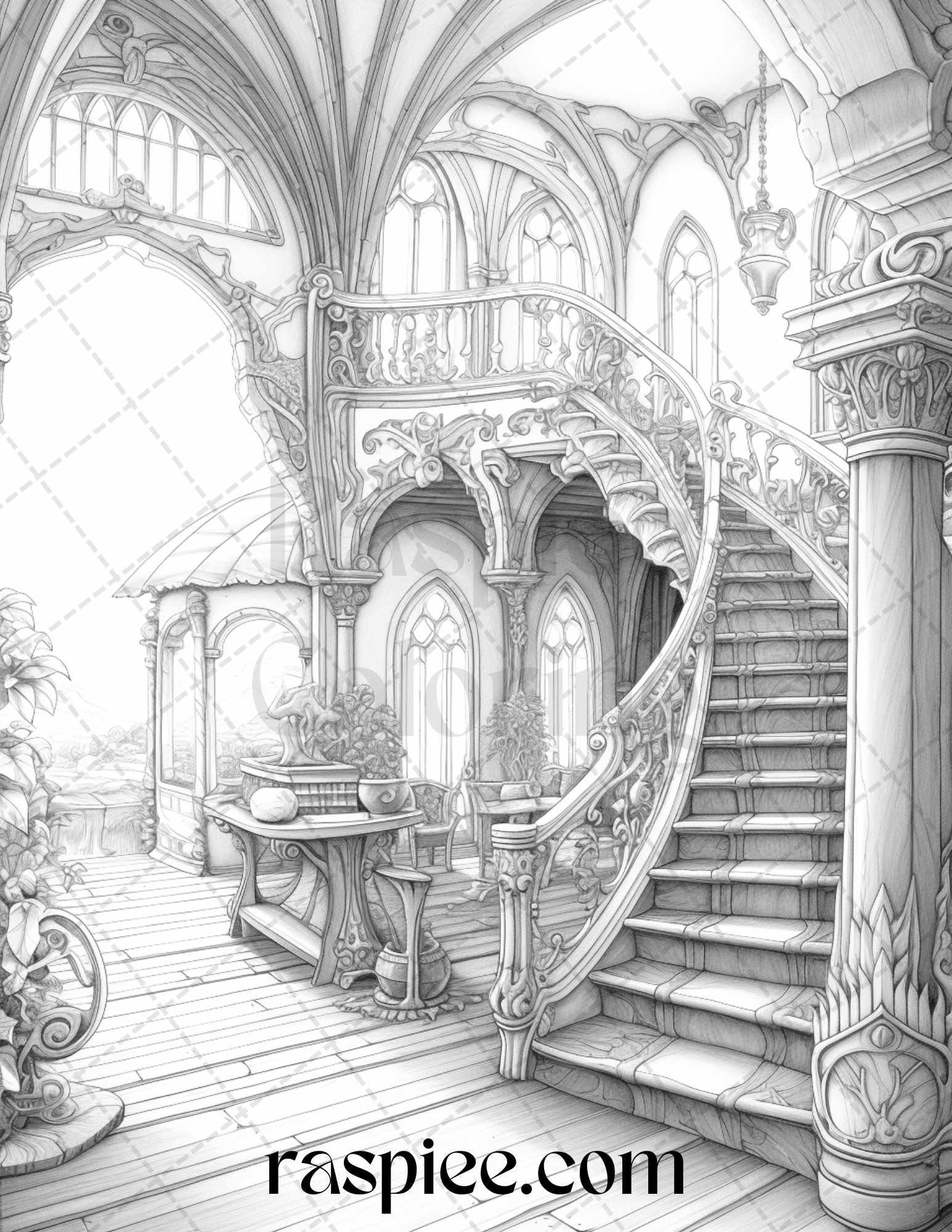 Fantasy Interior Grayscale Coloring Pages for Adults, Printable PDF File Instant Download