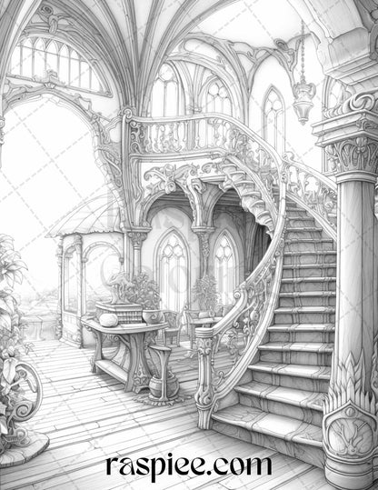 Fantasy Interior Grayscale Coloring Pages for Adults, Printable PDF File Instant Download