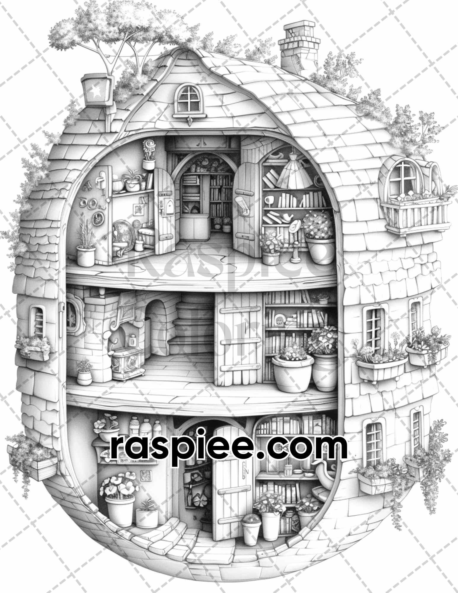 60 Isometric House Grayscale Adult Coloring Pages, Printable PDF Instant Download