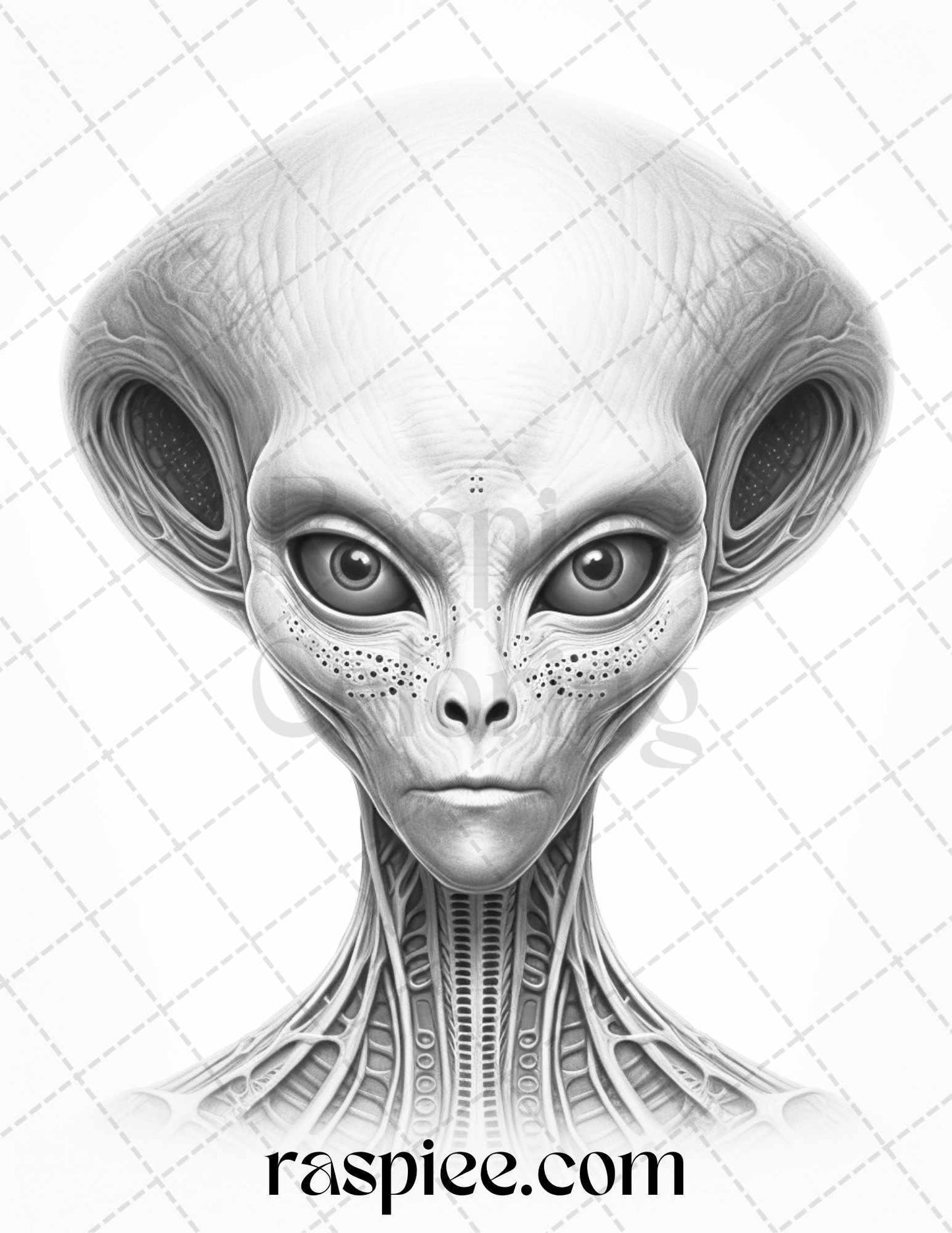 65 Alien Portrait Grayscale Coloring Pages for Adults, Printable PDF File Instant Download