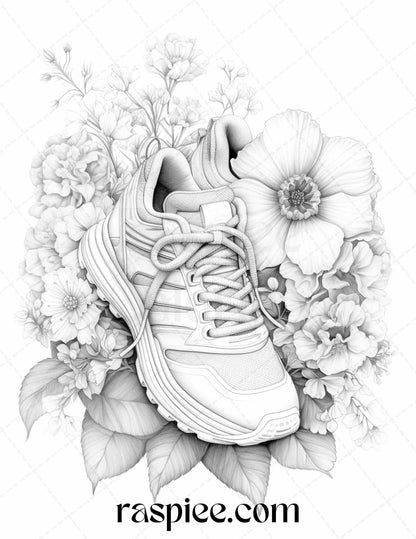 40 Flower Sneakers Grayscale Coloring Pages Printable for Adults, PDF File Instant Download