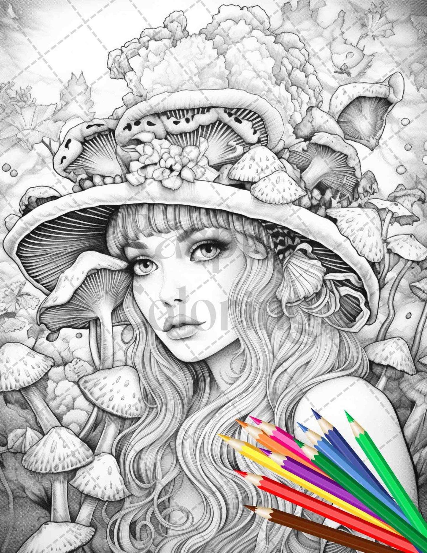 50 Mushroom Fairy Grayscale Coloring Pages Printable for Adults, PDF File Instant Download