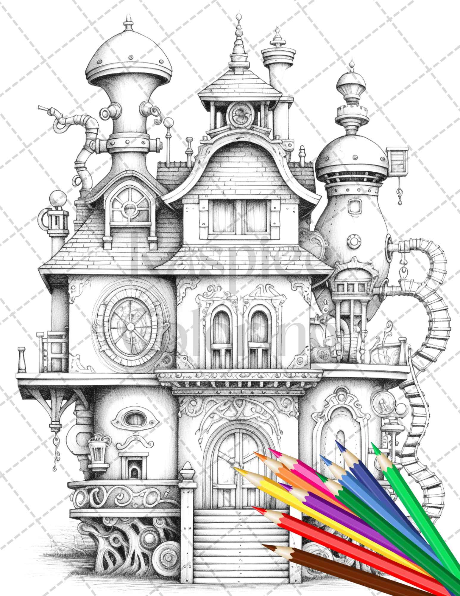 50 Steampunk Houses Grayscale Coloring Pages Printable for Adults, PDF File Instant Download