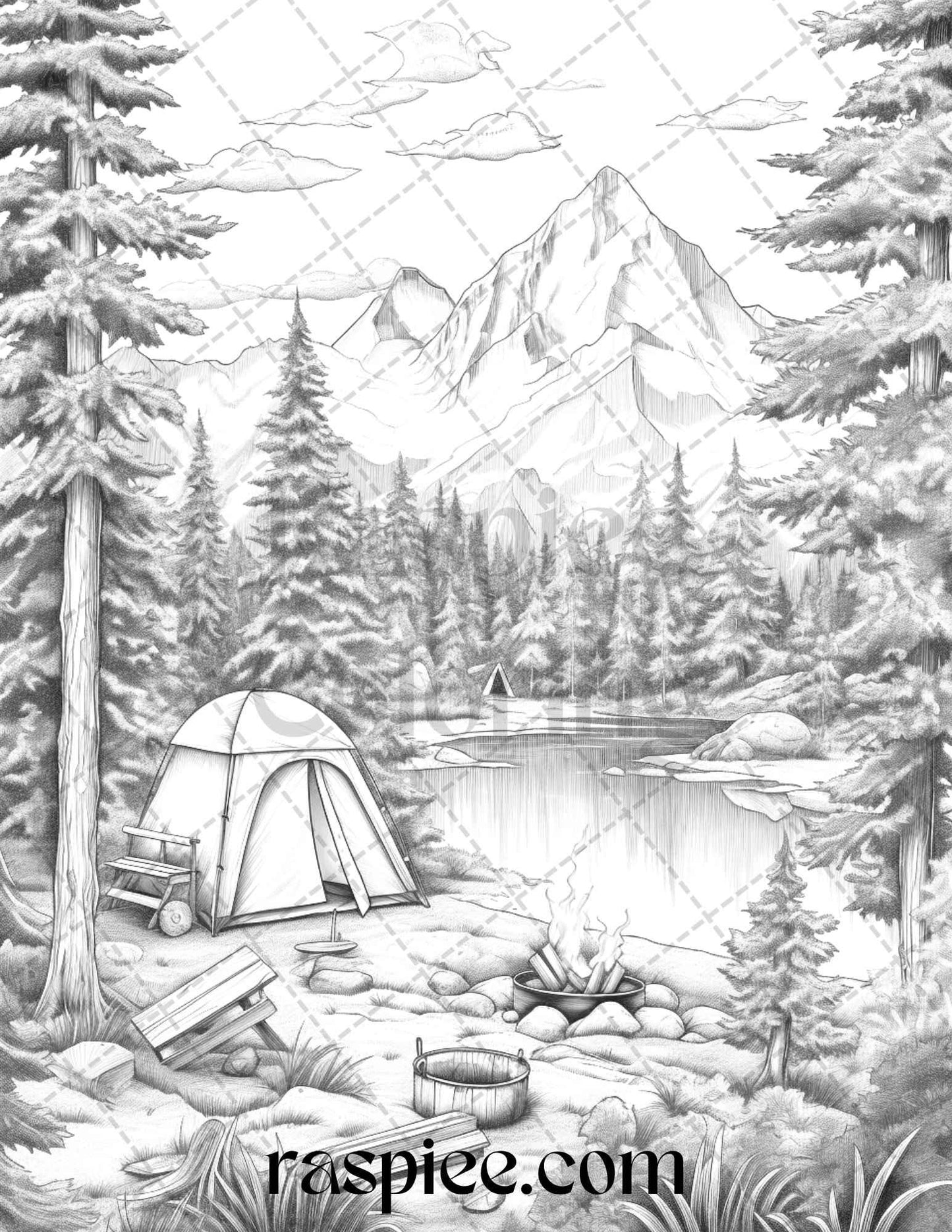 Nature Camping Grayscale Coloring Pages Printable, Relaxing Outdoor Scenes, PDF File Instant Download