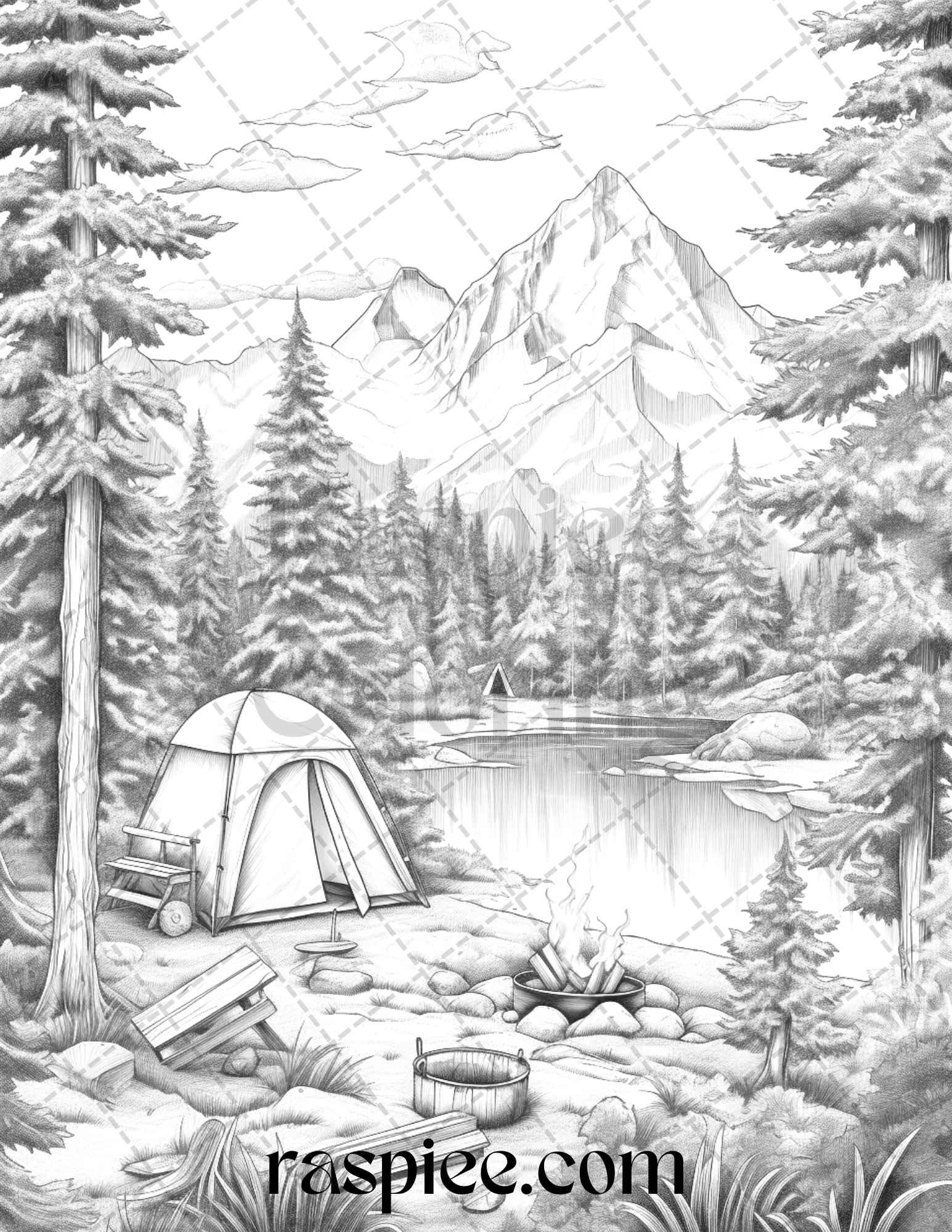 Nature Camping Grayscale Coloring Pages Printable, Relaxing Outdoor Scenes, PDF File Instant Download