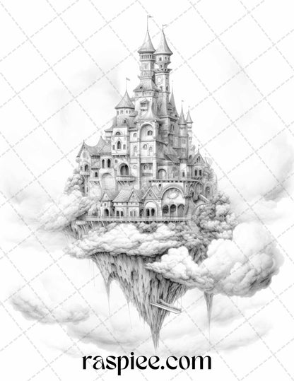 Floating Castle in the Sky Grayscale Coloring Pages for Adults, Printable PDF File Instant Download