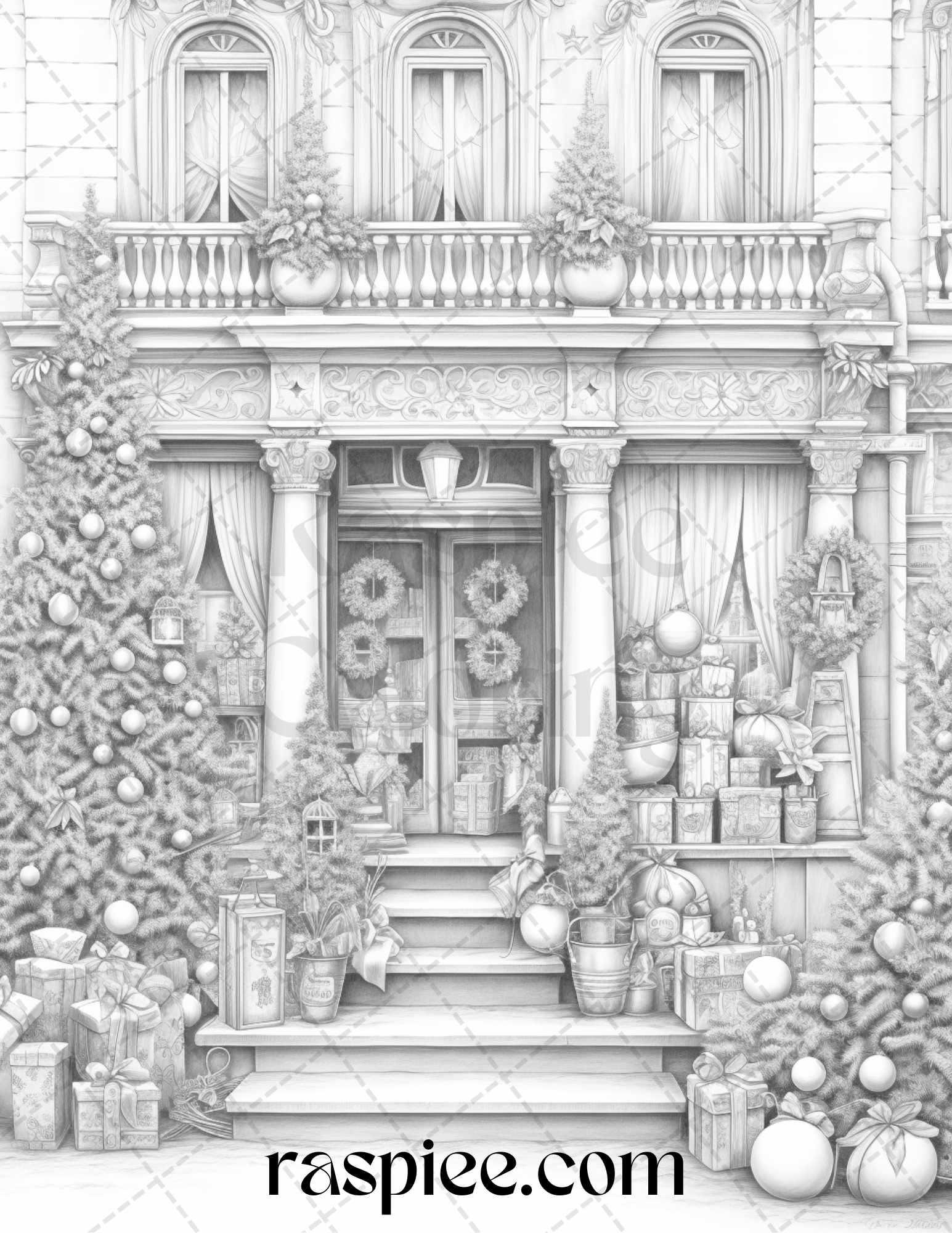 Christmas Store Front Grayscale Coloring Pages for Adults, PDF Printable Instant Download