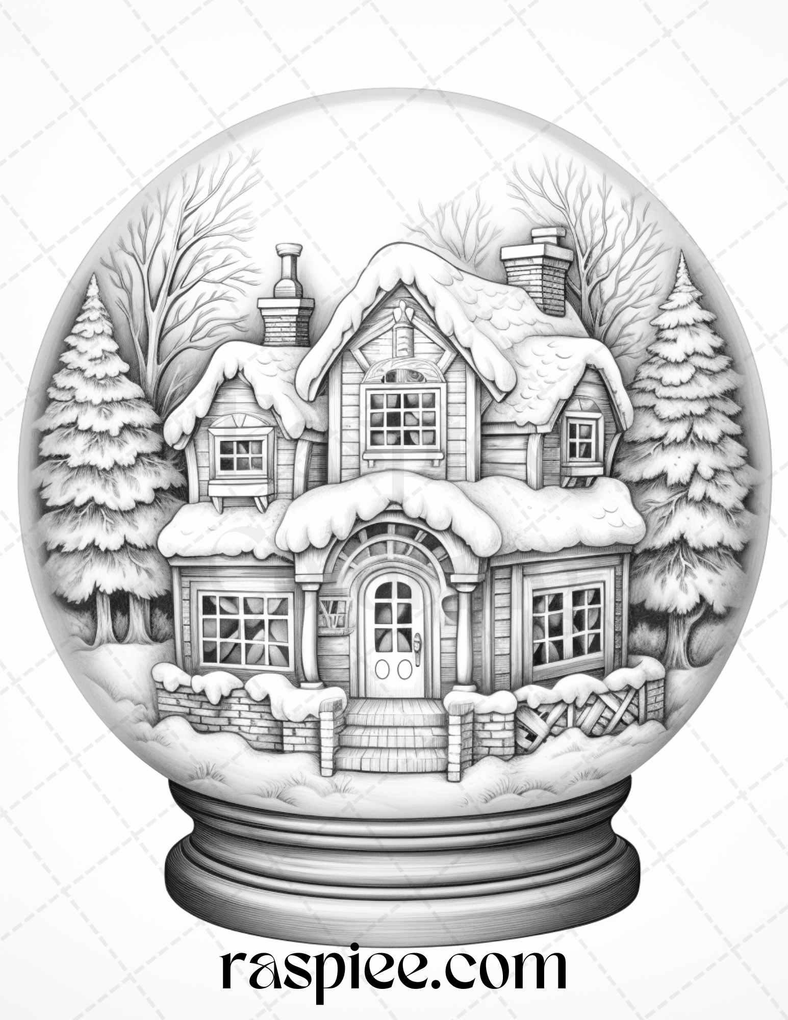 Cozy Cabin in Snow Globe Grayscale Coloring Pages Printable for Adults, PDF File Instant Download