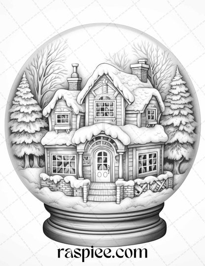 Cozy Cabin in Snow Globe Grayscale Coloring Pages Printable for Adults, PDF File Instant Download