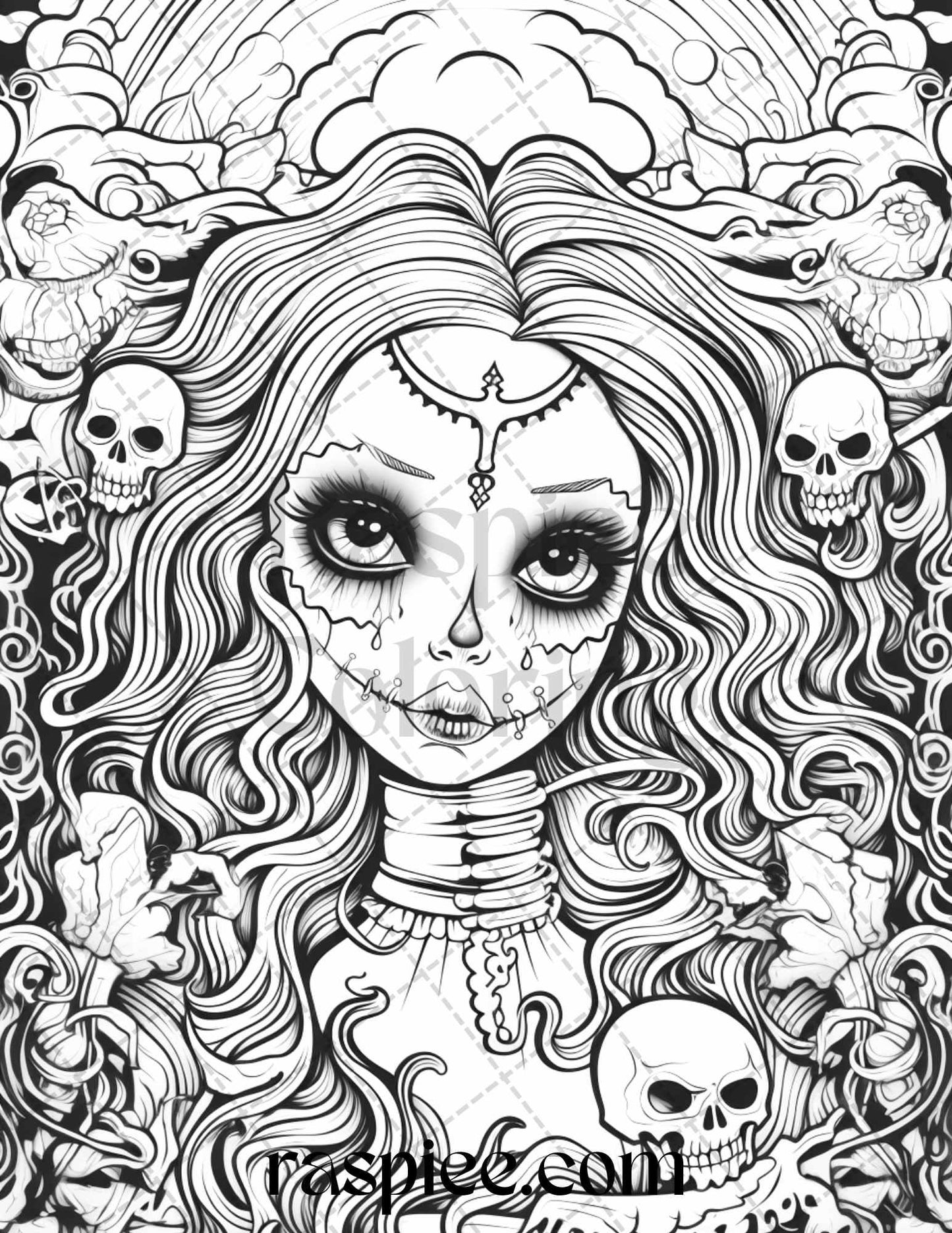50 Spooky Miss Nightmare Grayscale Coloring Pages Printable for Adults, PDF File Instant Download