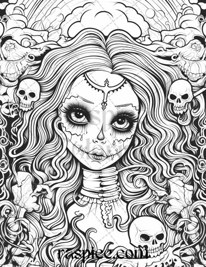 50 Spooky Miss Nightmare Grayscale Coloring Pages Printable for Adults, PDF File Instant Download