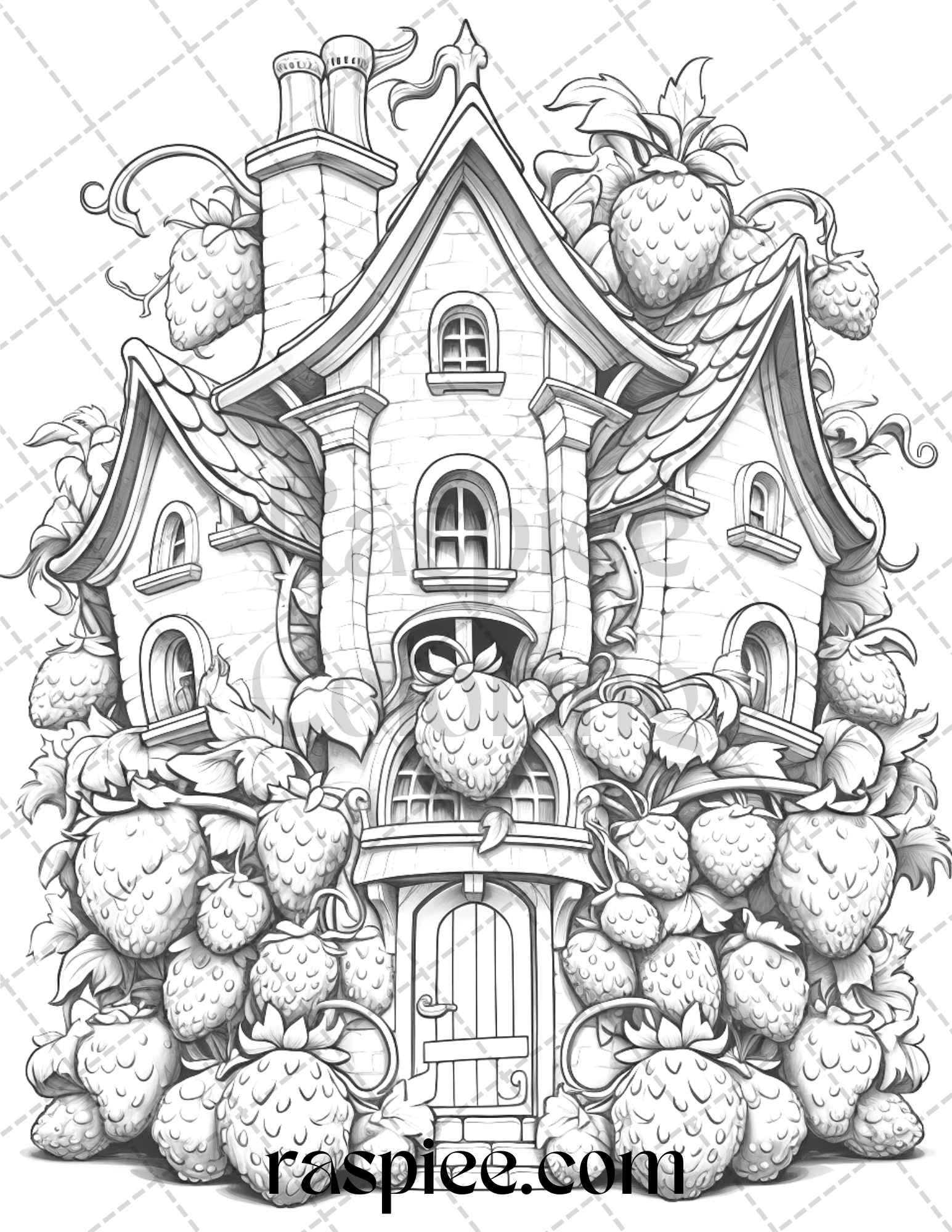 50 Strawberry Houses Grayscale Coloring Pages Printable for Adults Kids, PDF File Instant Download