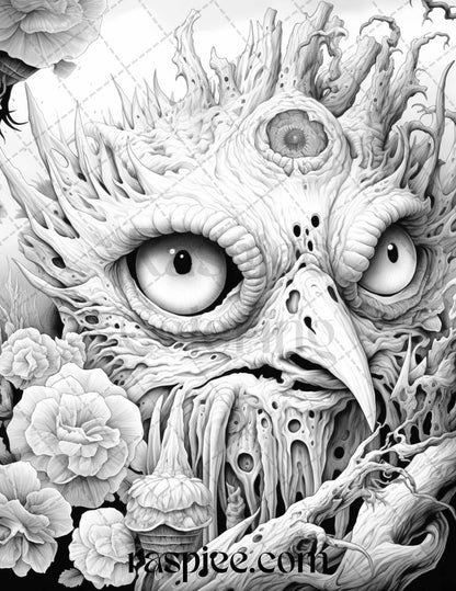 53 Surreal Creatures Grayscale Coloring Pages for Adults, Printable PDF File Instant Download
