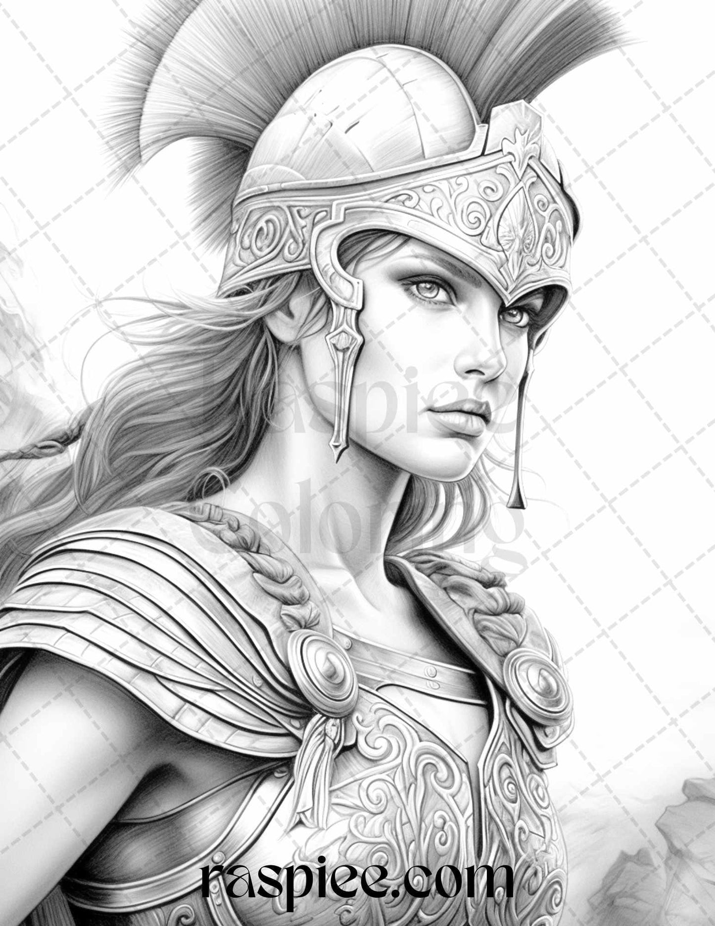 Greek Women Warriors Grayscale Coloring Pages for Adults, Printable PDF File Instant Download
