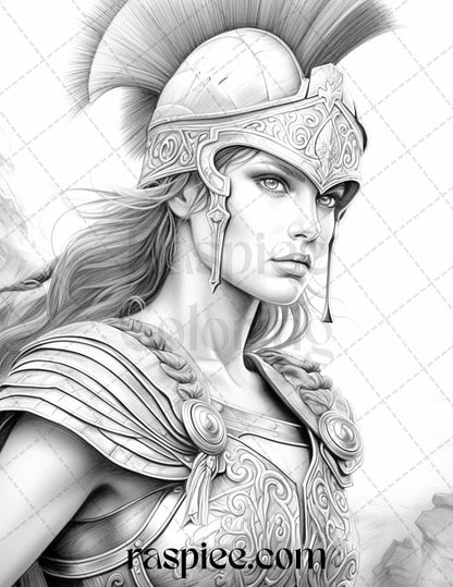Greek Women Warriors Grayscale Coloring Pages for Adults, Printable PDF File Instant Download