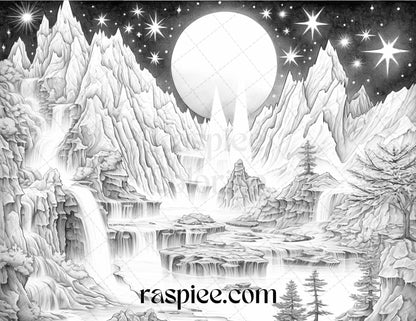 55 Celestial Landscapes Grayscale Coloring Pages Printable for Adults, PDF File Instant Download