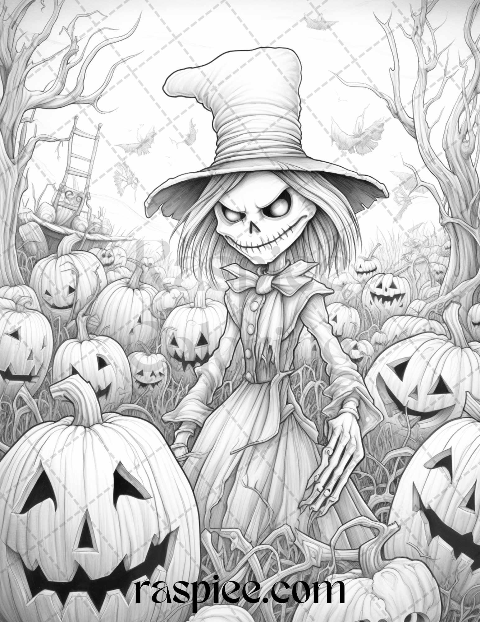 50 Halloween Scarecrows Grayscale Coloring Pages Printable for Adults, PDF File Instant Download