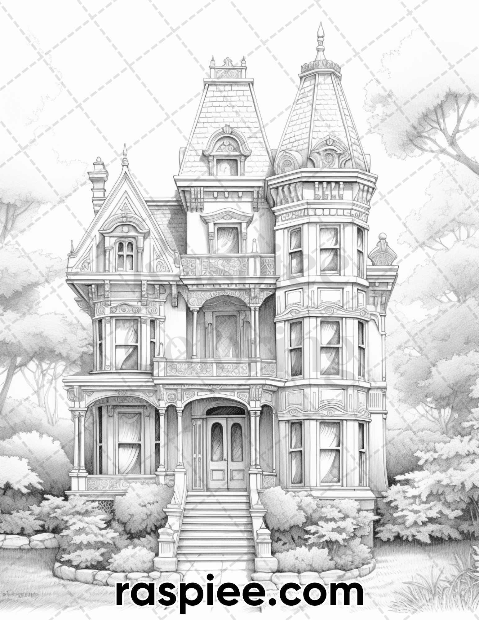 40 Victorian Mansions Grayscale Coloring Pages for Adults, Printable PDF Instant Download