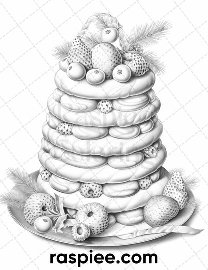 77 Christmas Desserts Grayscale Coloring Pages for Adults, Printable PDF Instant Download