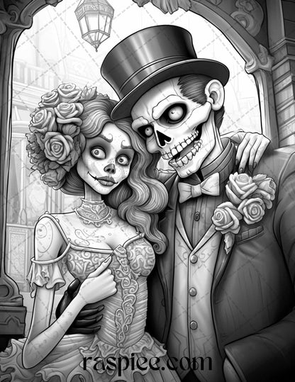 50 Day of the Dead Grayscale Coloring Pages Printable for Adults, PDF File Instant Download