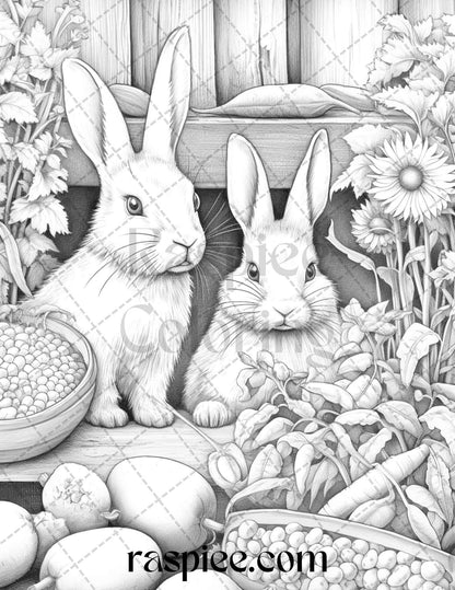 50 Rabbit Garden Grayscale Coloring Pages Printable for Adults, PDF File Instant Download