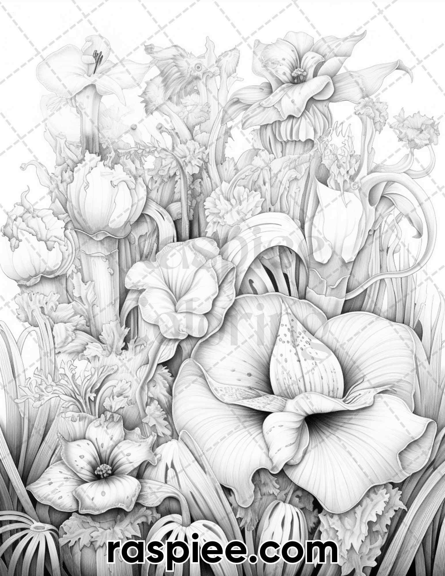 55 Fantasy Flowers Grayscale Coloring Pages for Adults, Printable PDF File Instant Download
