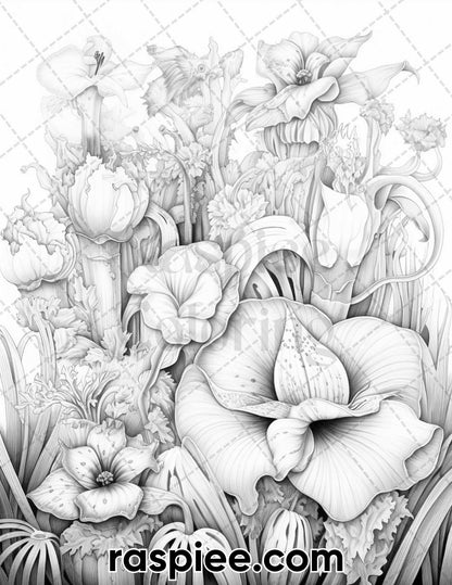 55 Fantasy Flowers Grayscale Coloring Pages for Adults, Printable PDF File Instant Download