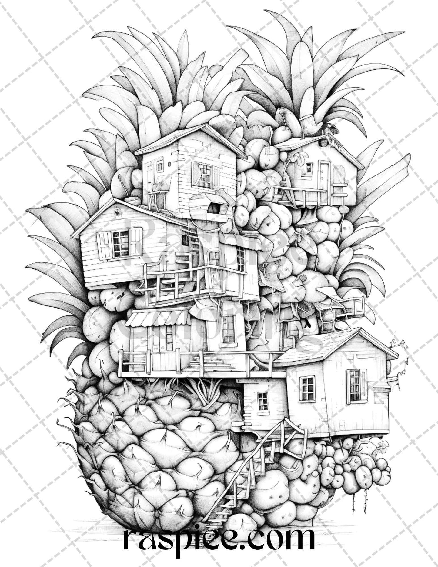 50 Pineapple Houses Grayscale Coloring Pages Printable for Adults, PDF File Instant Download