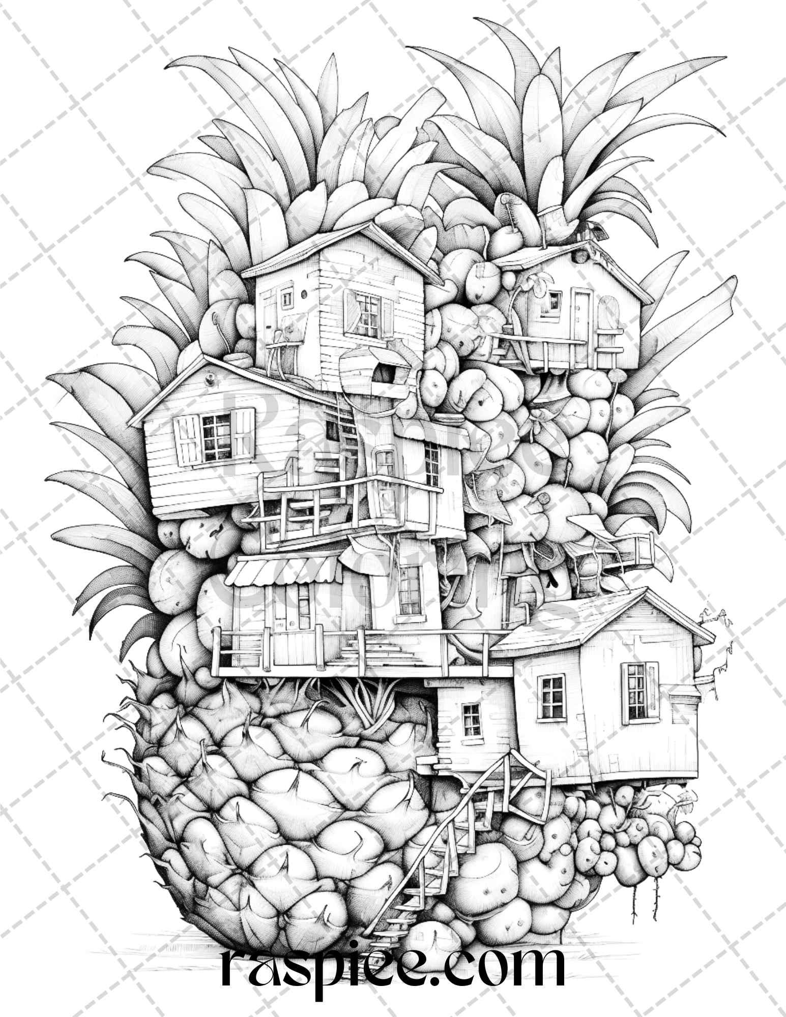 50 Pineapple Houses Grayscale Coloring Pages Printable for Adults, PDF File Instant Download