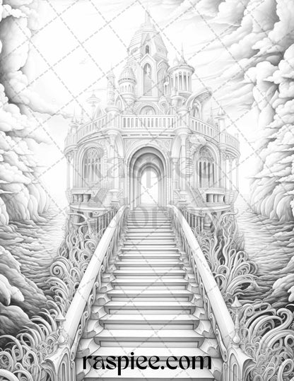 60 Enchanting Surrealism Grayscale Coloring Pages Printable for Adults, PDF File Instant Download