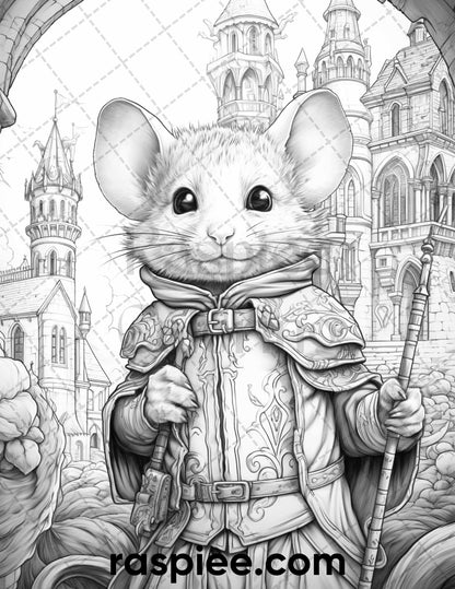 50 Enchanting Fairytale Mice Grayscale Coloring Pages Printable for Adults, PDF File Instant Download