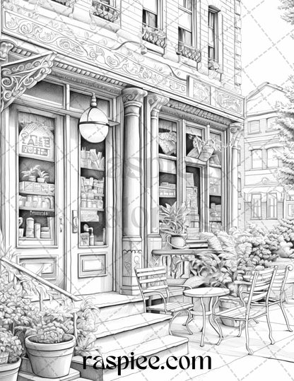 50 Cozy Coffee Shop Grayscale Coloring Pages Printable for Adults, PDF File Instant Download