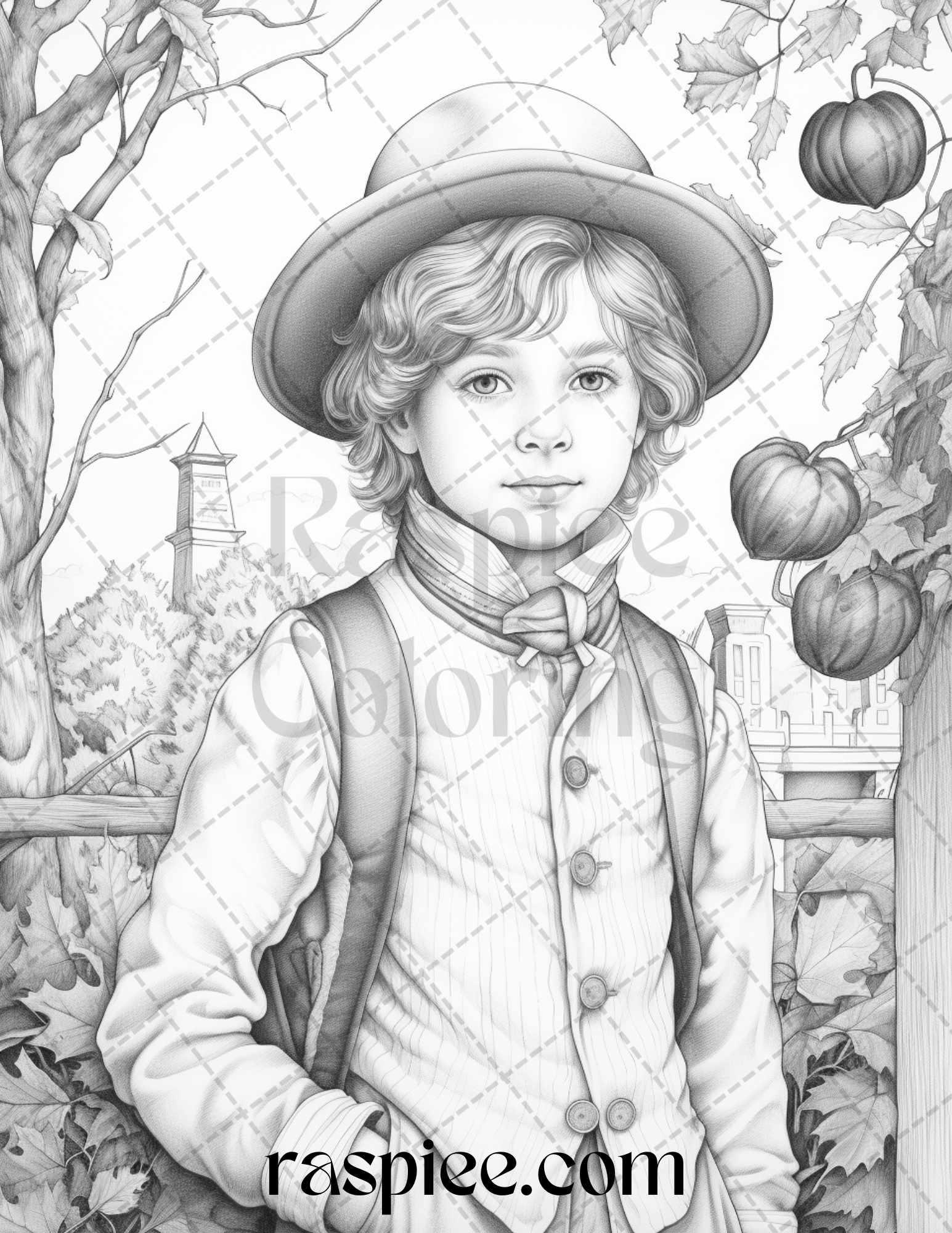 60 Victorian Autumn Portrait Grayscale Coloring Pages Printable for Adults, PDF File Instant Download