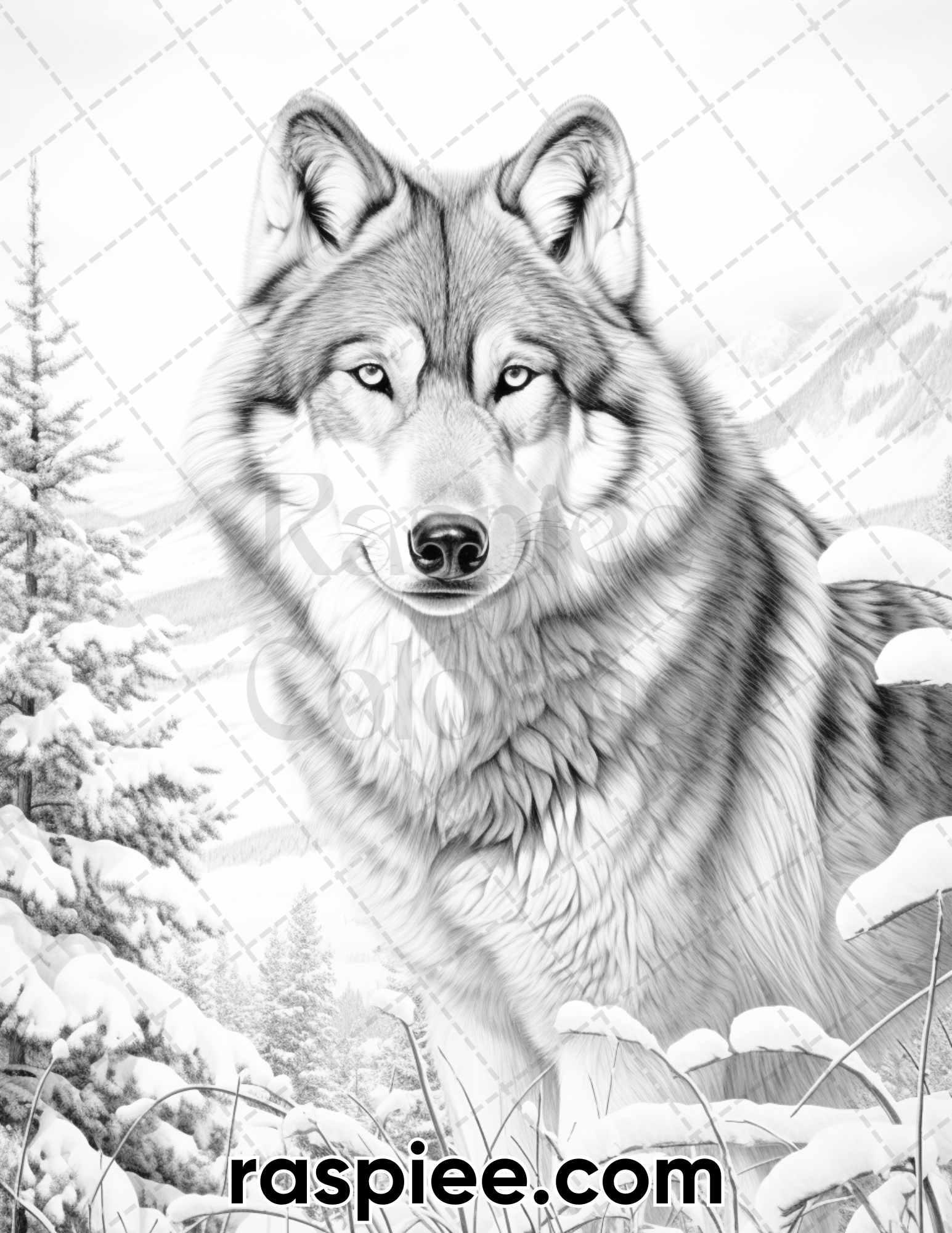 50 Winter Wolf Grayscale Coloring Pages for Adults, Printable PDF Instant Download
