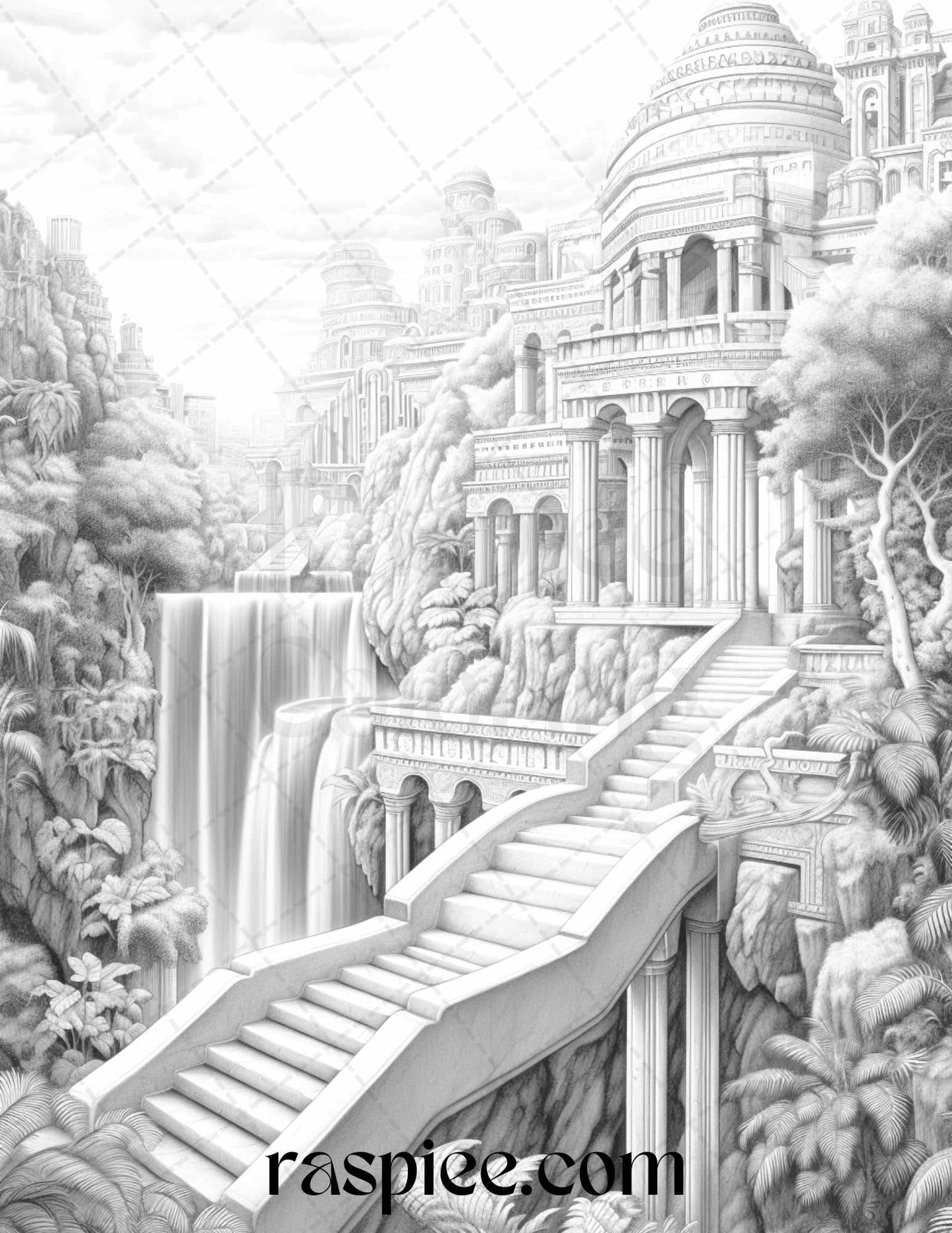 Hanging Gardens of Babylon Grayscale Coloring Pages Printable, PDF File Instant Download