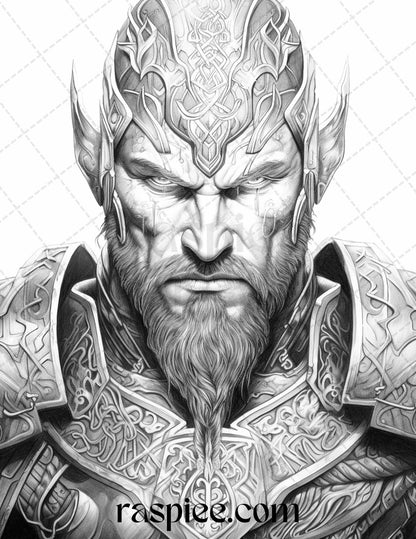 55 Viking Warriors Portrait Grayscale Coloring Pages Printable for Adults, PDF File Instant Download