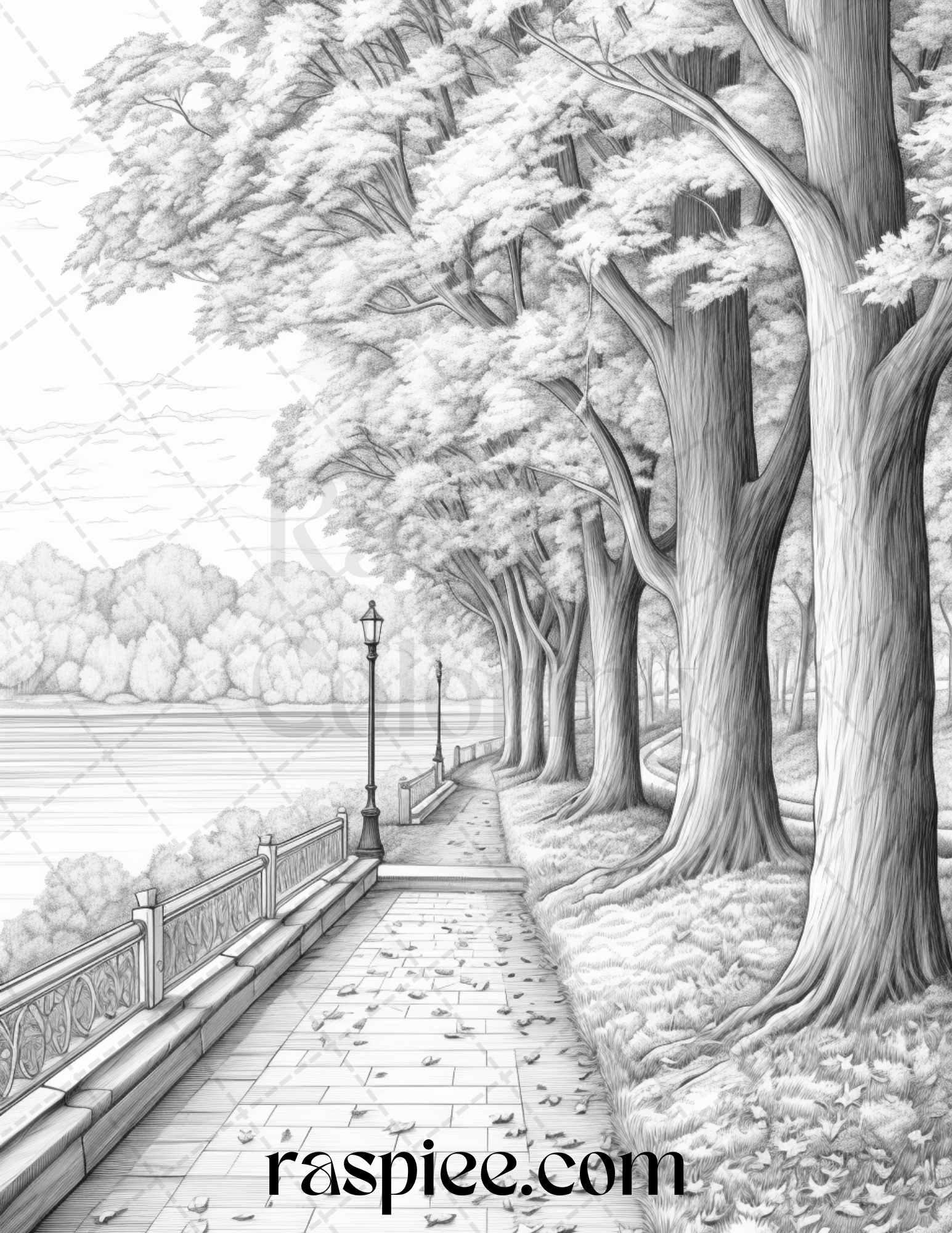Autumn Scenery Grayscale Coloring Pages Printable for Adults, PDF File Instant Download