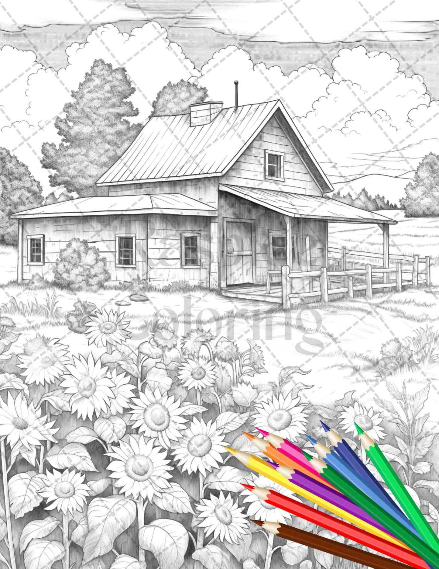 Charming Farmhouse Scenery Grayscale Coloring Pages Printable for Adults, PDF File Instant Download