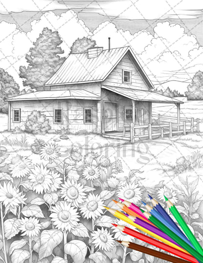 Charming Farmhouse Scenery Grayscale Coloring Pages Printable for Adults, PDF File Instant Download