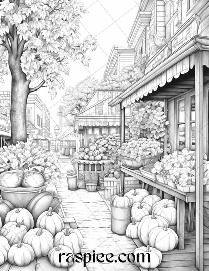 Autumn Street Markets Grayscale Coloring Pages for Adults, Printable PDF File Instant Download