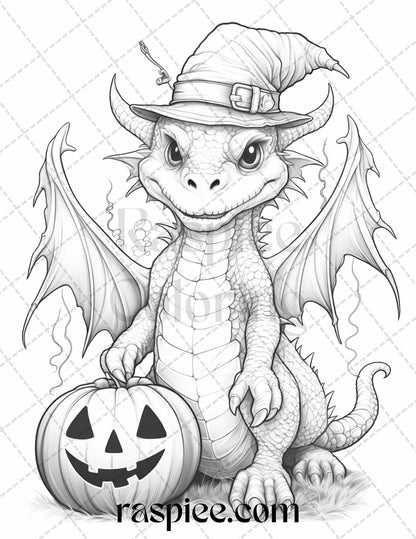 50 Cute Pumpkin Dragons Graycale Coloring Pages for Adults and Kids, Printable PDF File Instant Download