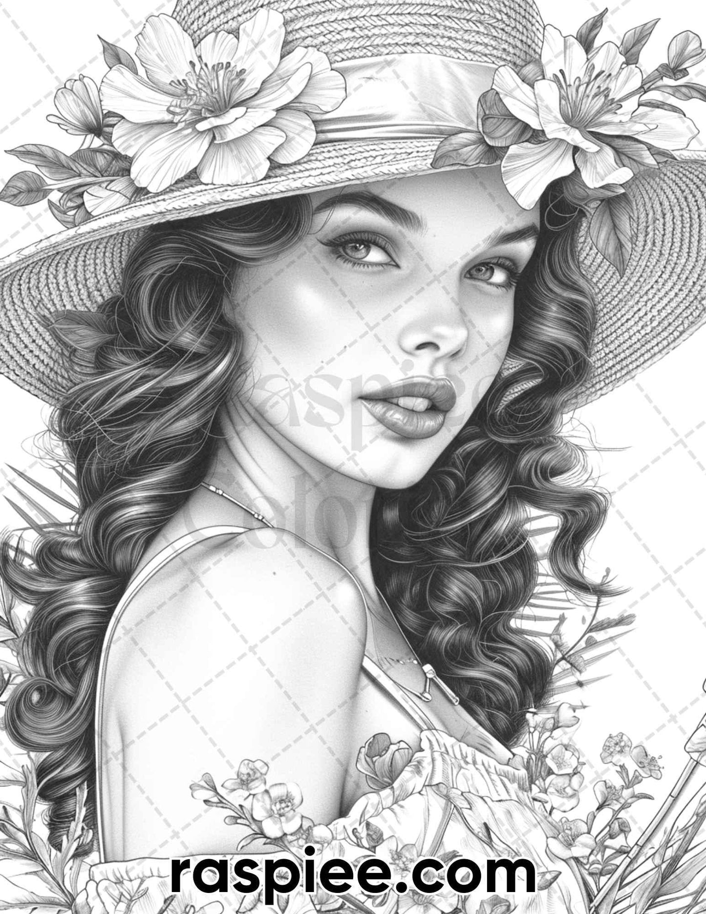 50 Vintage Spring Pin Up Girls Grayscale Adult Coloring Pages, Printable PDF Instant Download