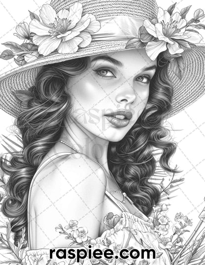 50 Vintage Spring Pin Up Girls Grayscale Adult Coloring Pages, Printable PDF Instant Download