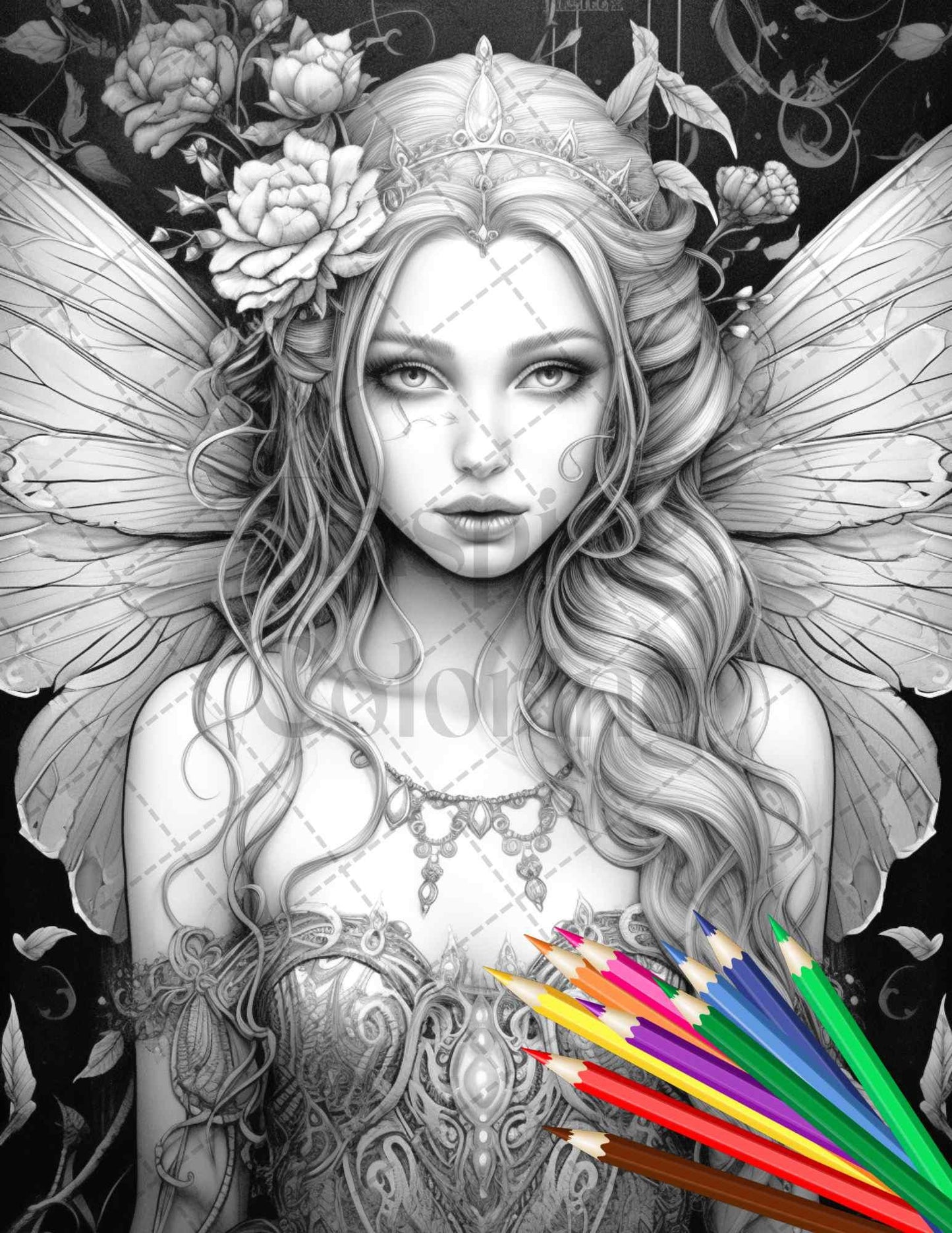 Beautiful Dark Fairy Grayscale Coloring Pages Printable for Adults, PDF File Instant Download