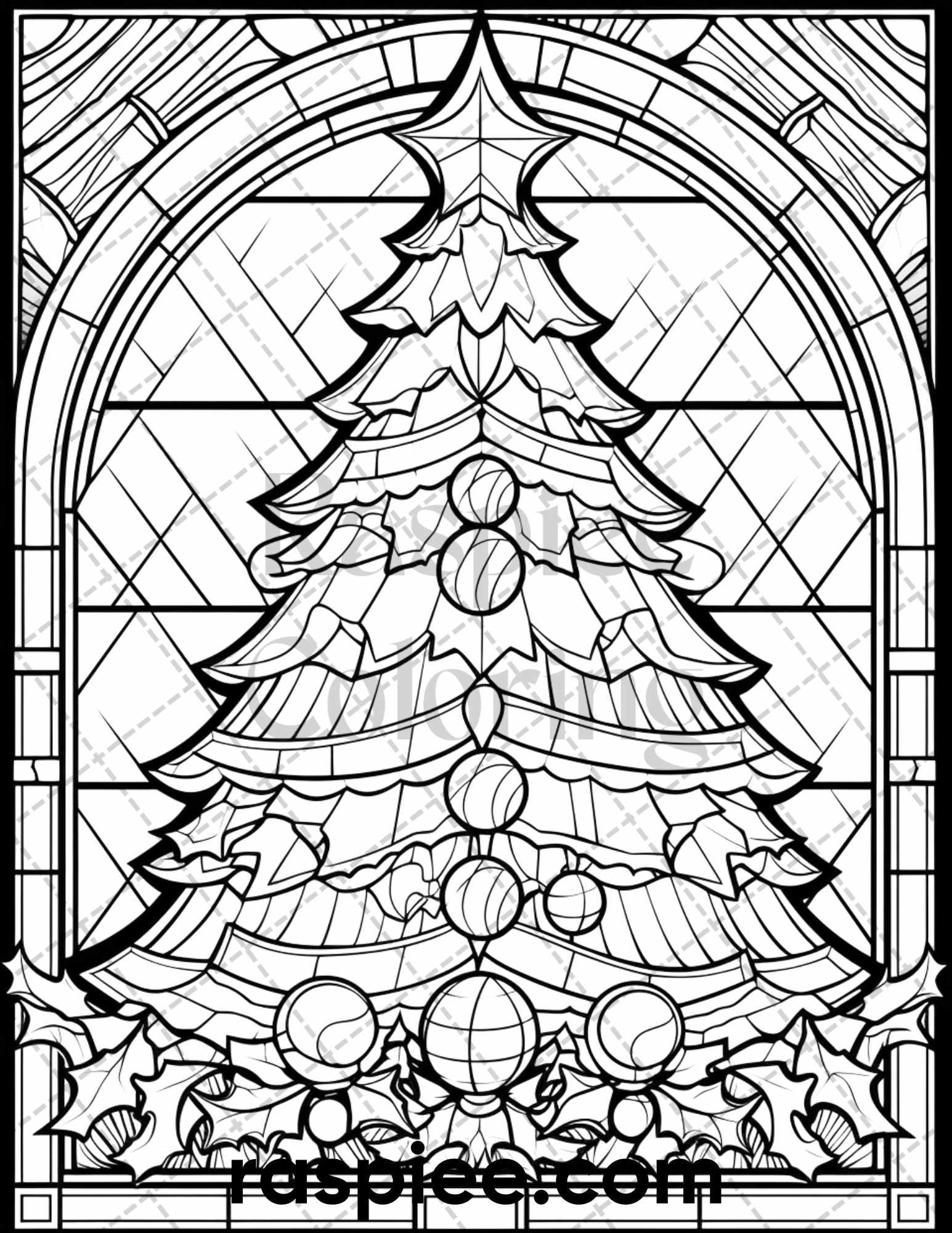 50 Christmas Stained Glass Grayscale Coloring Pages for Adults, Printable PDF File Instant Download