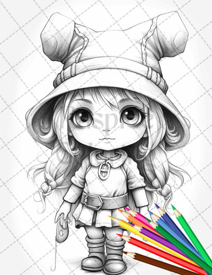 41 Adorable Gnome Girls Grayscale Coloring Pages Printable for Adults and Kids, PDF File Instant Download
