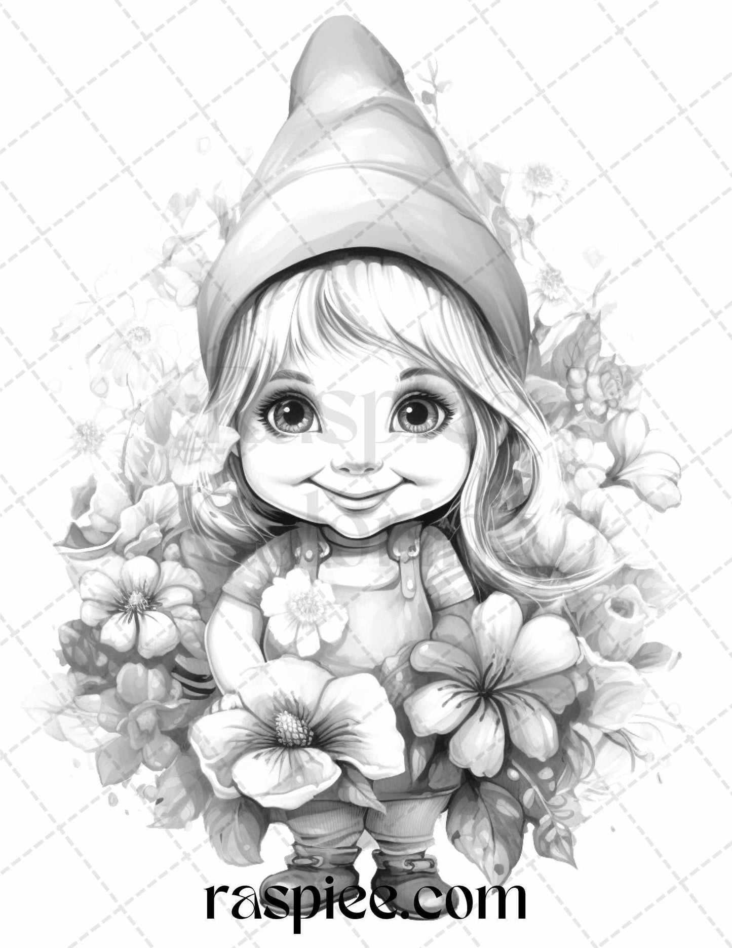 50 Flower Gnomes Grayscale Coloring Pages Printable for Adults Kids, PDF File Instant Download